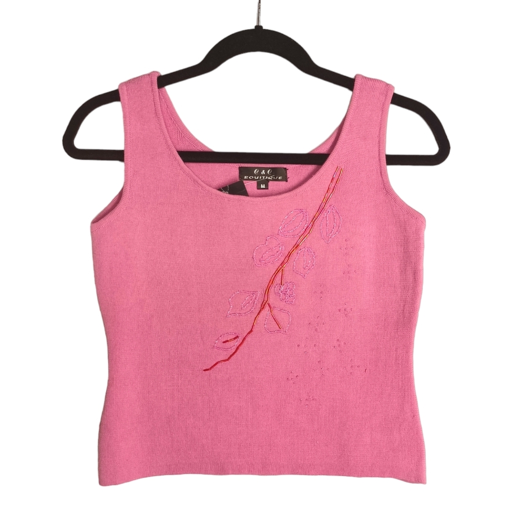 C&C BOUTIQUE Beaded Floral Print Sleeveless Knit Stretchy Pink Tank Top M NWT